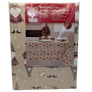 New Merry Moments Tablecloth Christmas Holiday Santa Claus Vinyl Oblong 60 x 84